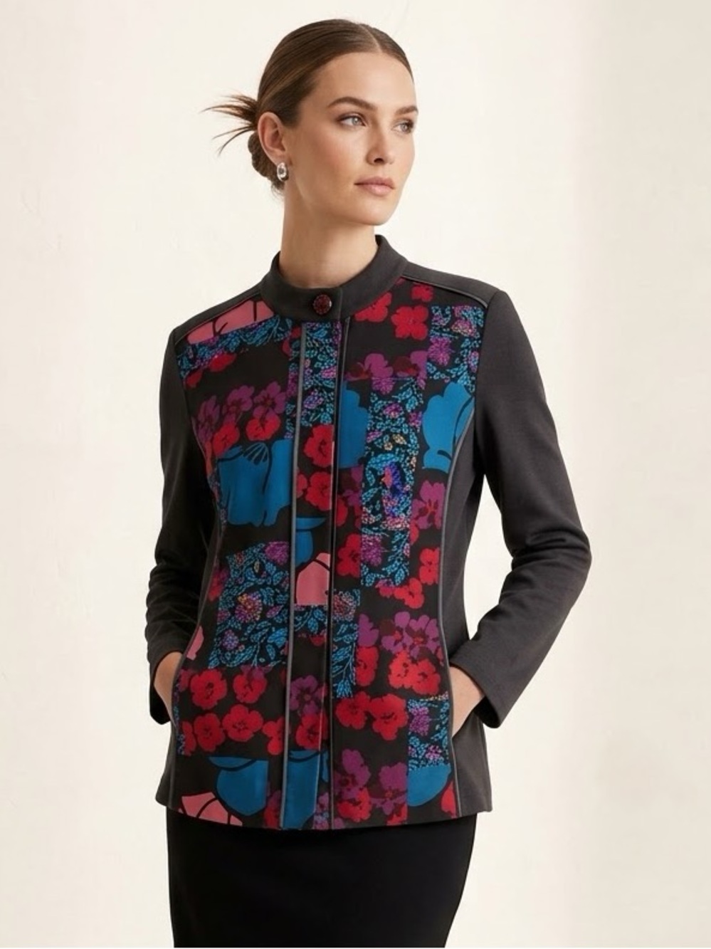 Coldwater Creek Petite M Colorful Floral Patchwork Mandarin Collar Jacket
